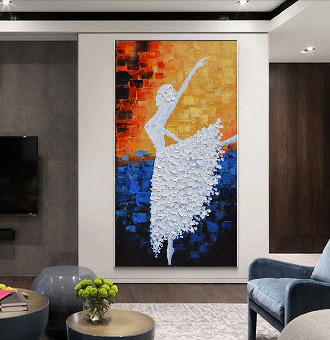 Abstract White Ballerina Dancer On Fiery Blue Gold Oil Poster - Image 2