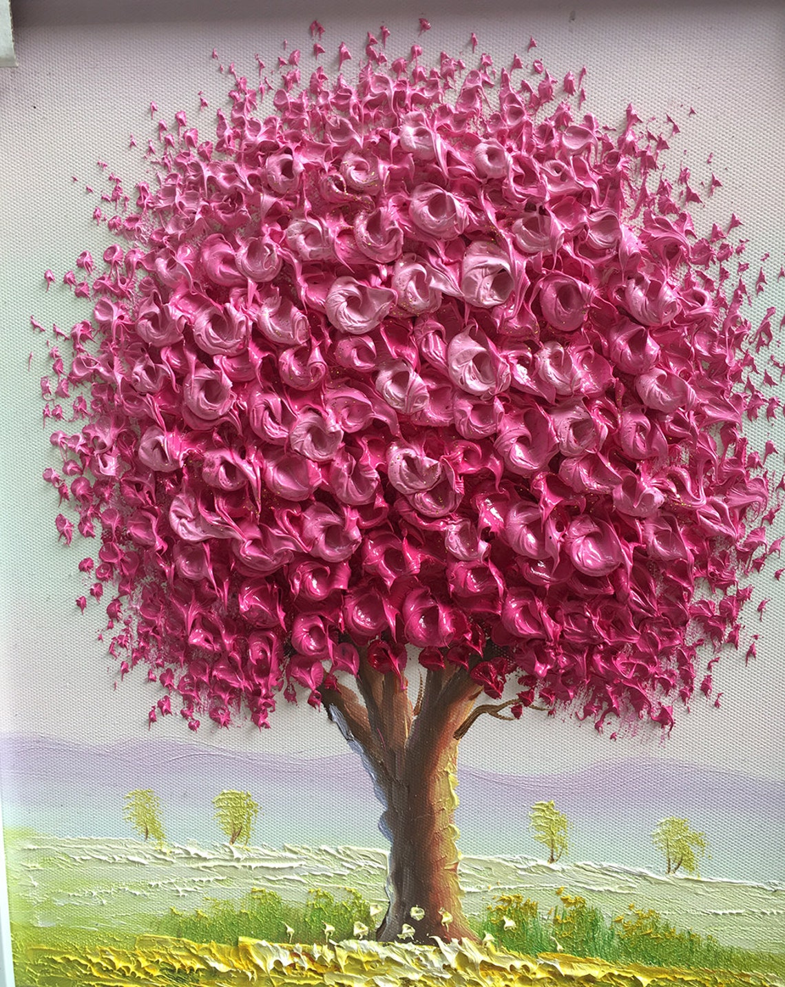 Pink Flower Tree Sculpted 3D Impasto Pastel Framed Art Poster - Image 2
