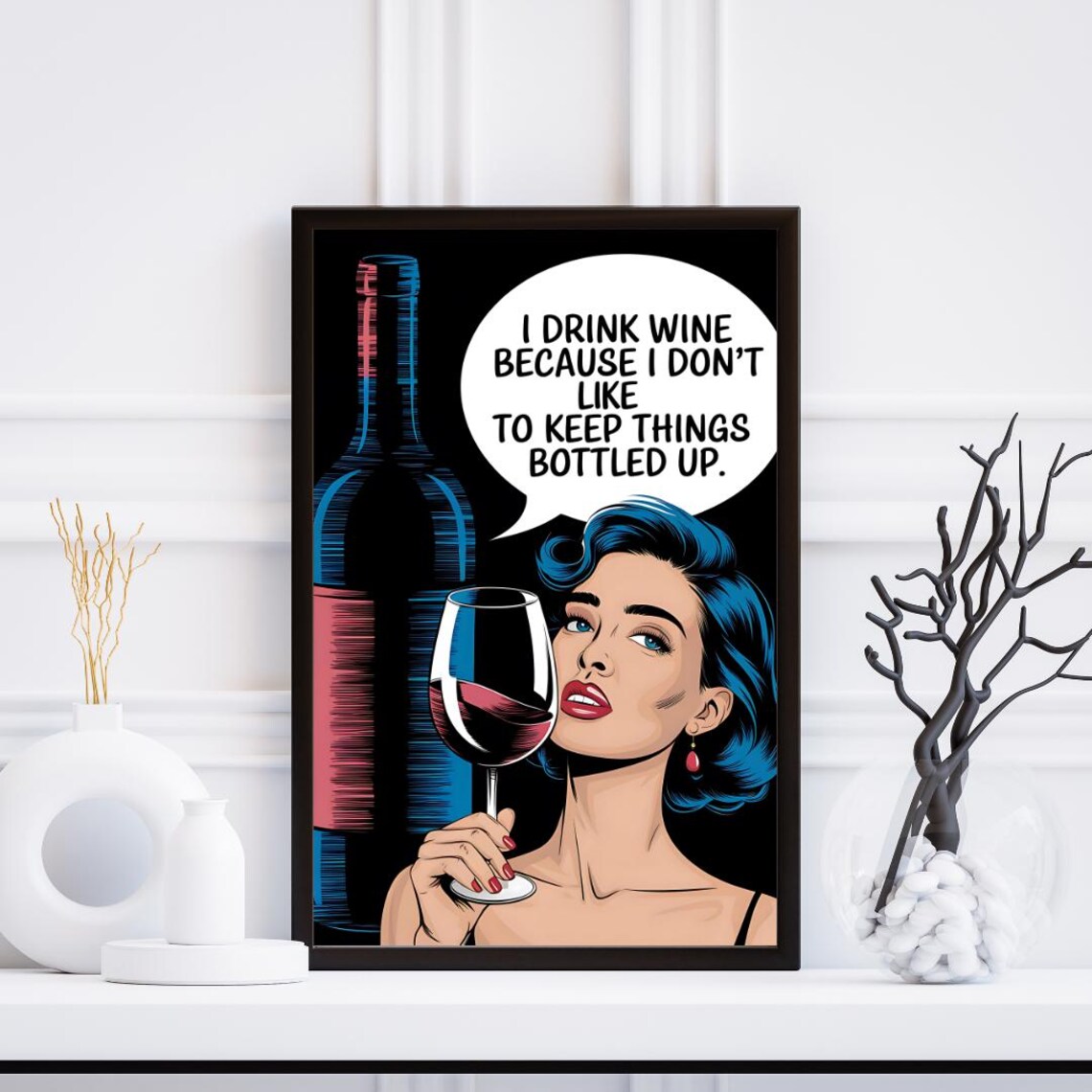 Pop Art Blue Haired Woman Keep Things Bottled Up Wine Pun Poster - Image 2