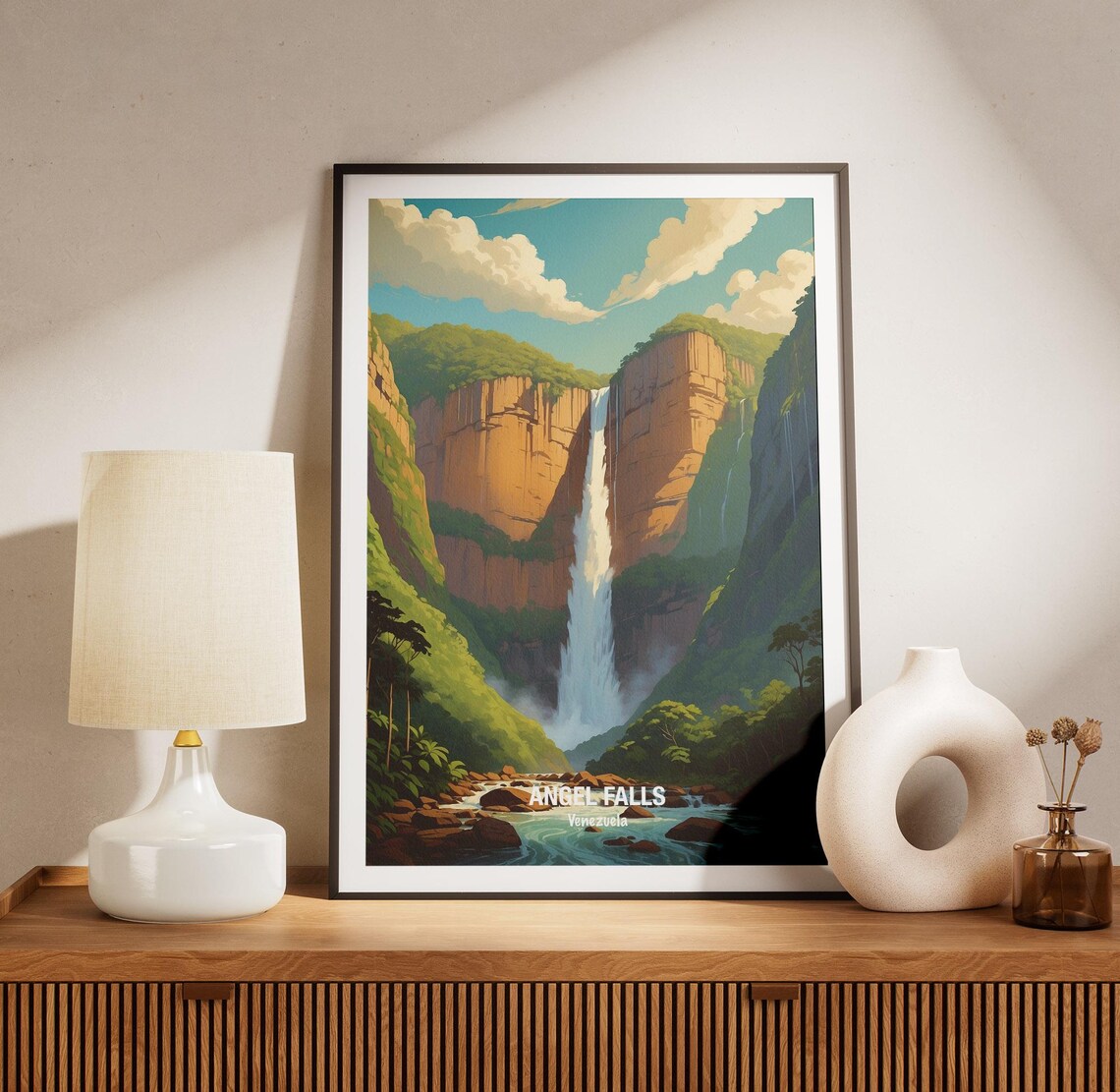 Angel Falls Venezuela Towering Waterfall In Red Rock Canyon Poster - Image 3