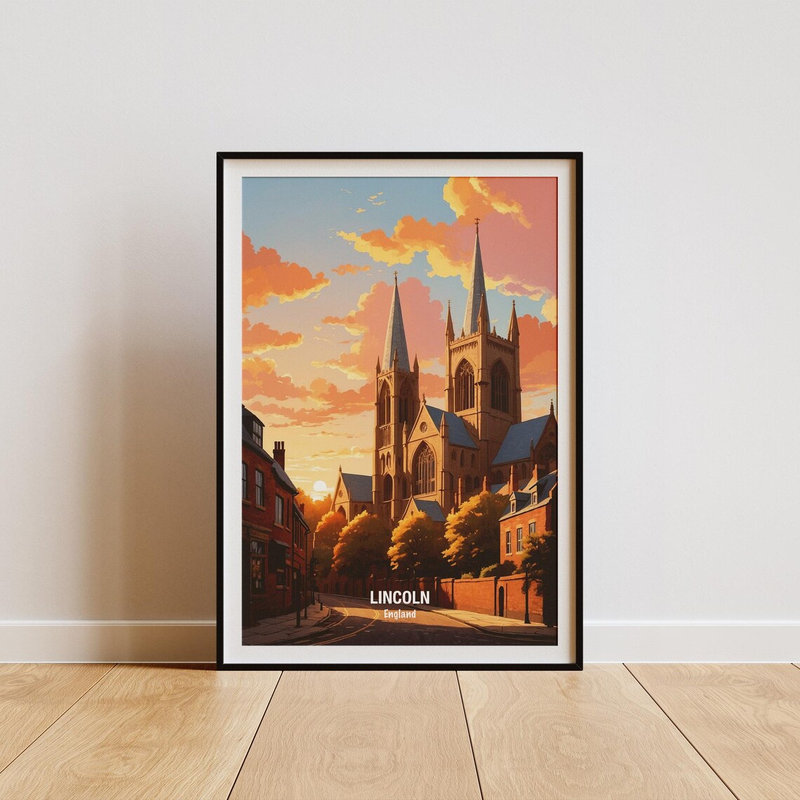 Lincoln Cathedral Twin Spires Sunset Golden England Travel Poster