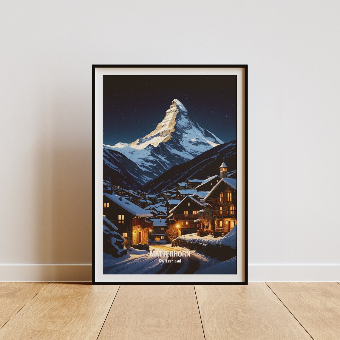 Matterhorn Switzerland Night Village Glowing Starry Peak Poster