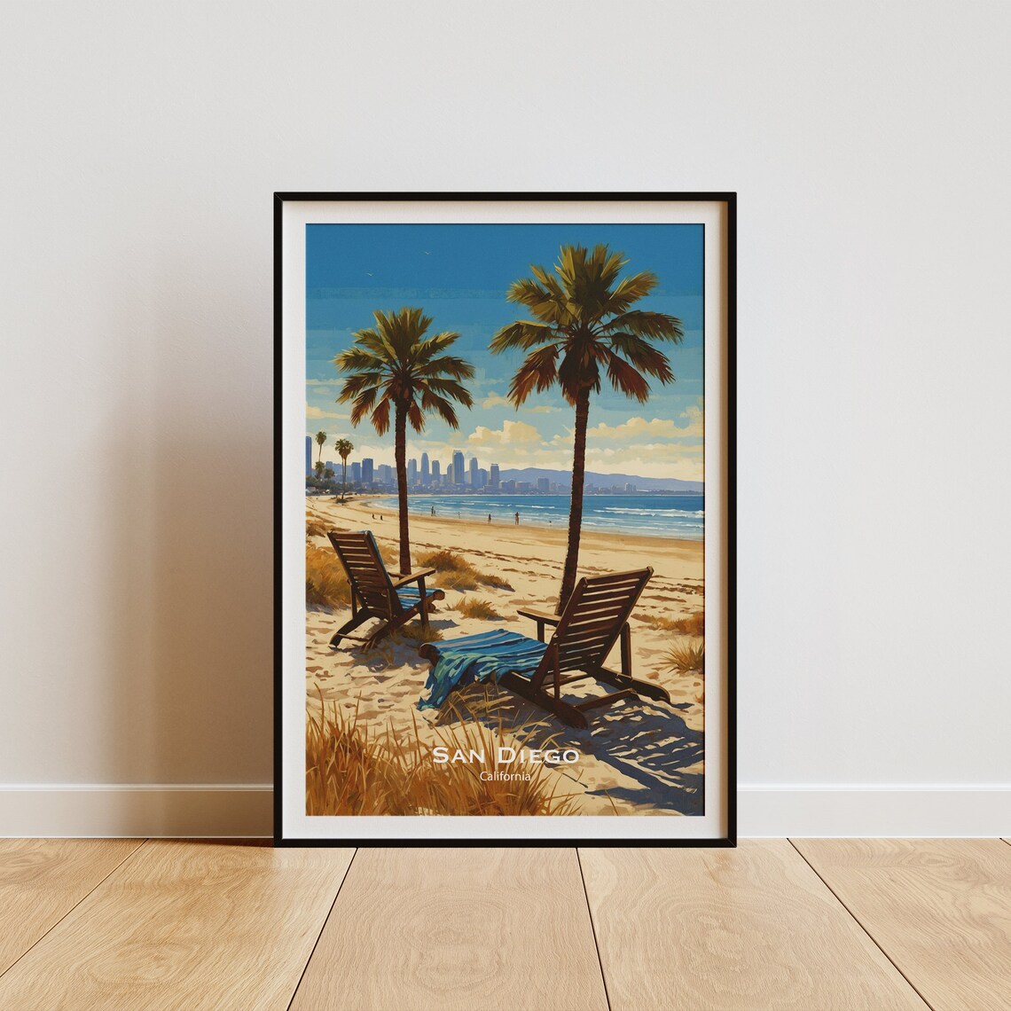 San Diego California Beach Chairs With The City Skyline View Poster