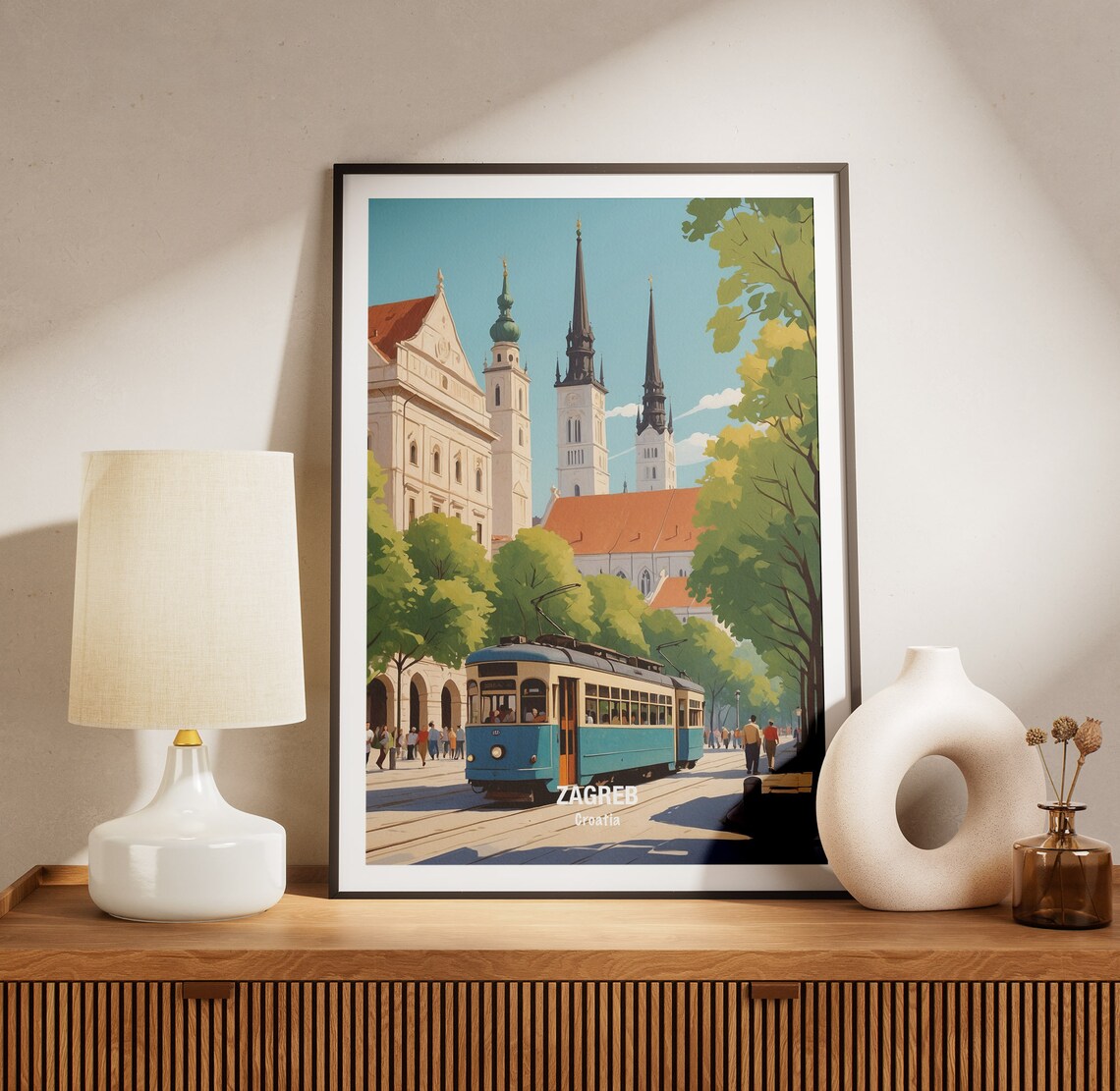 Zagreb Croatia Vintage Blue Tram Cathedral Square Daytime Poster - Image 3
