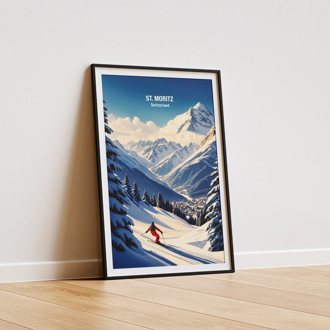 St Moritz Switzerland Alpine Skier Powder Slope Peaks Poster - Image 5