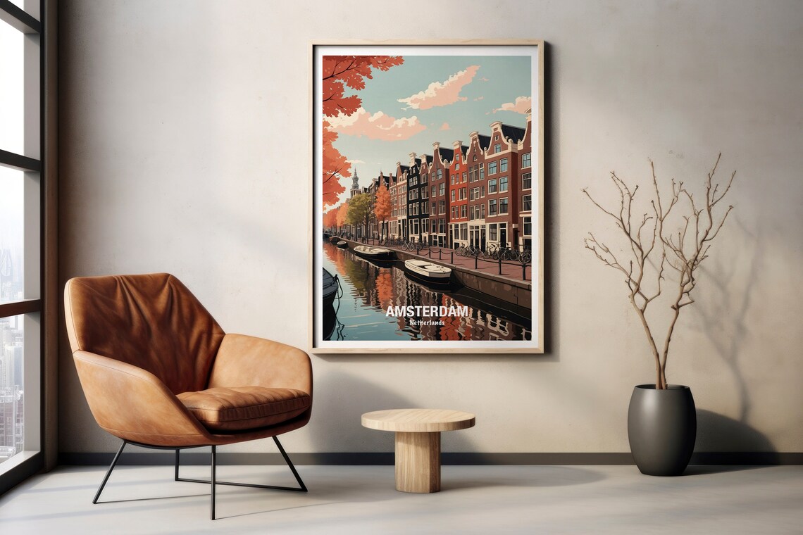 Amsterdam Netherlands Autumn Canal Houseboats Golden Glow Poster - Image 2