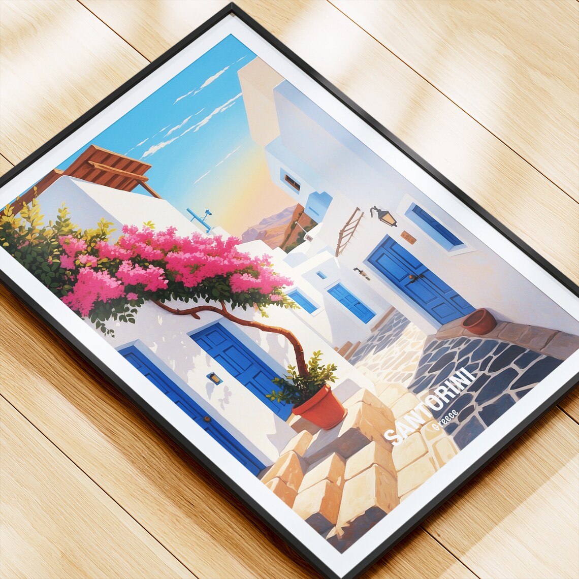 Santorini Greece White Alley With Bougainvillea Blossoms Poster - Image 4