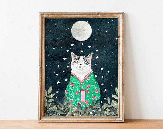 Tabby Cat Art Print Japanese Wall Kitten Illustration Animal Artwork Themed Gifts Girl Room Decor Moon Poster Nursery Prints