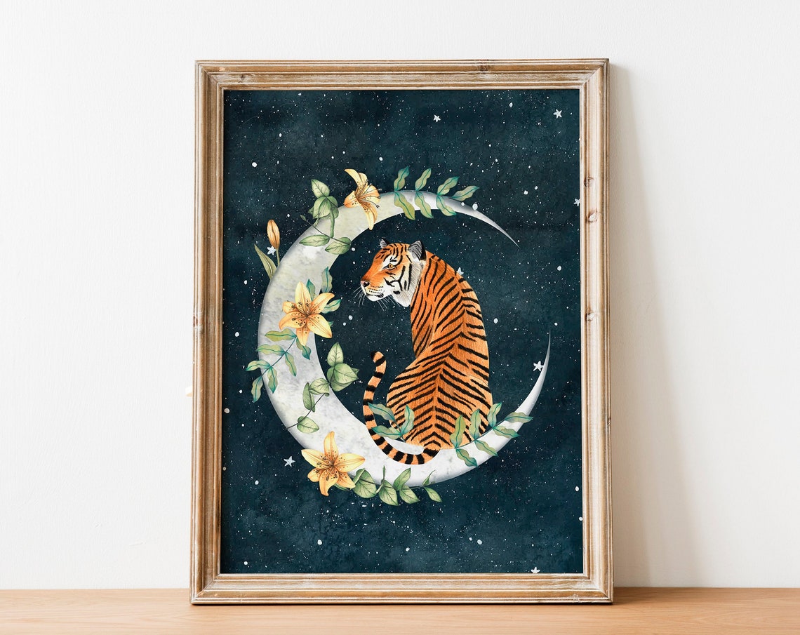 Tiger Jungle Moon Animal Illustration Art Print