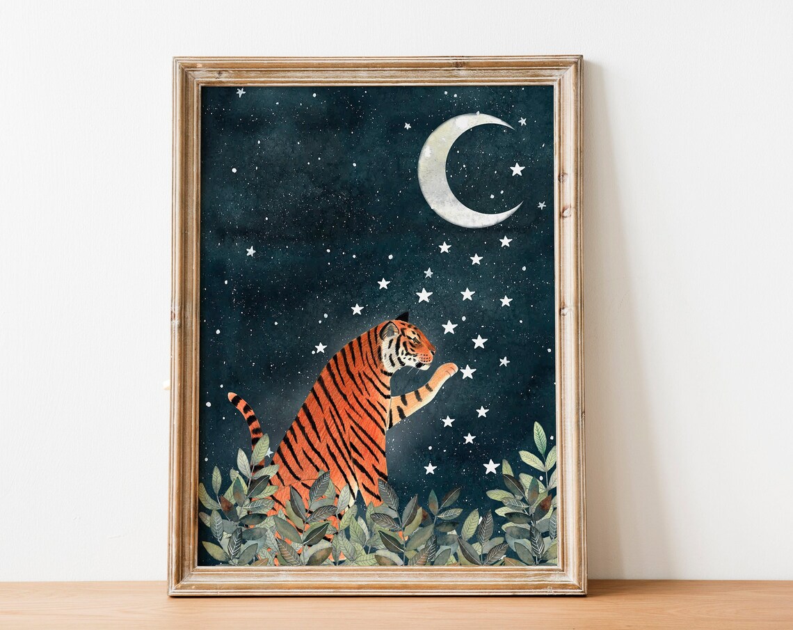 Tiger Night Art Print, Jungle Moon Safari Animals