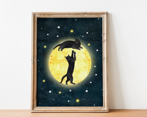 Cat Wall Art Moon Print, Celestial Cats Poster