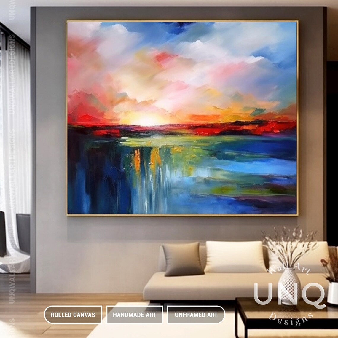 Sunrise Seascape Modern Abstract Oil Painting Art Print - Image 2