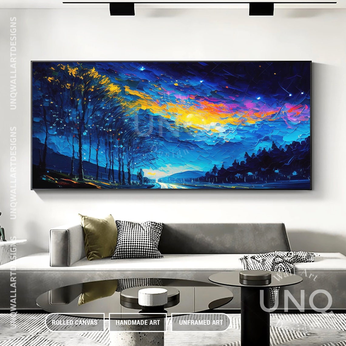 Starry Night Forest Road Impasto Landscape Painting Blue Gold Poster - Image 4