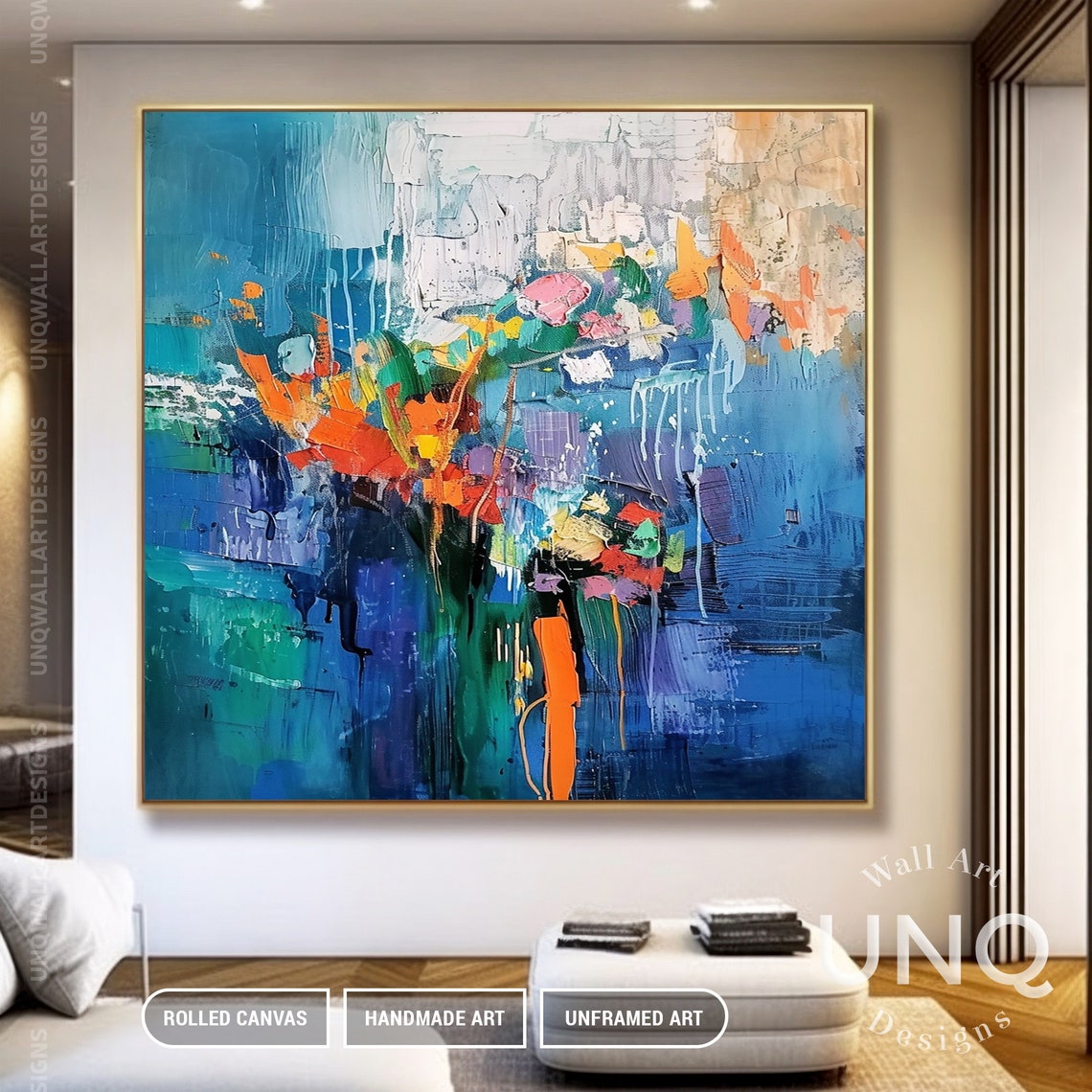 Orange Red Bouquet On Blue Vase Abstract Modern Floral Art Poster - Image 4