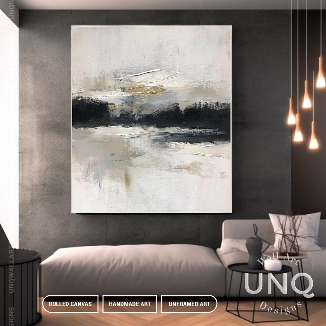 Beige Horizon And Black Band Minimalist Wide Modern Abstract Poster - Image 5