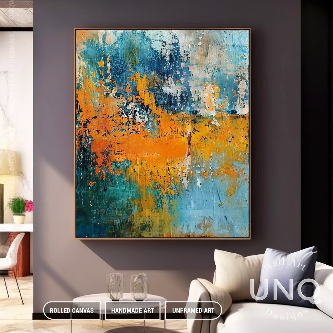 Rust Orange Band On Blue Textured Modern Abstract Painting Poster - Image 6