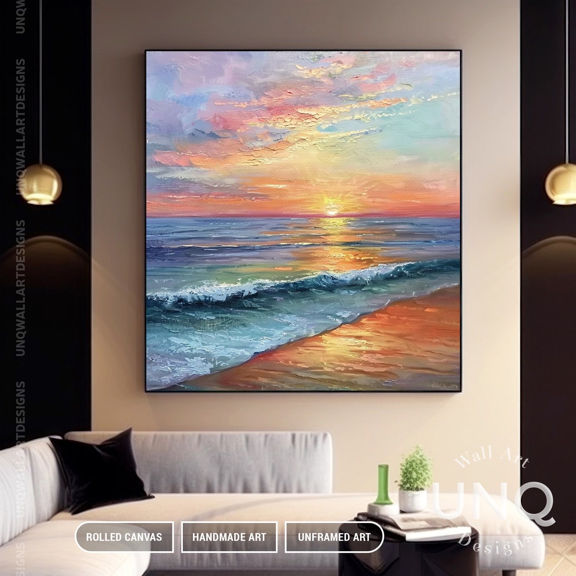 Pink Orange Sunset Ocean Waves Vertical Modern Seascape Art Poster - Image 4