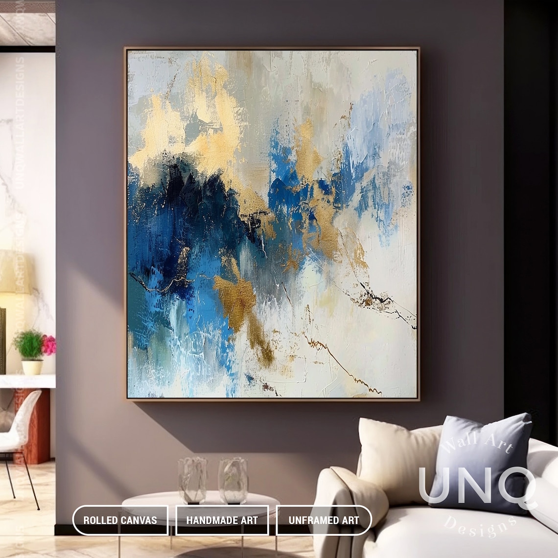 Navy Blue Gold And Cream Waves Modern Luxury Abstract Art Poster - Image 2