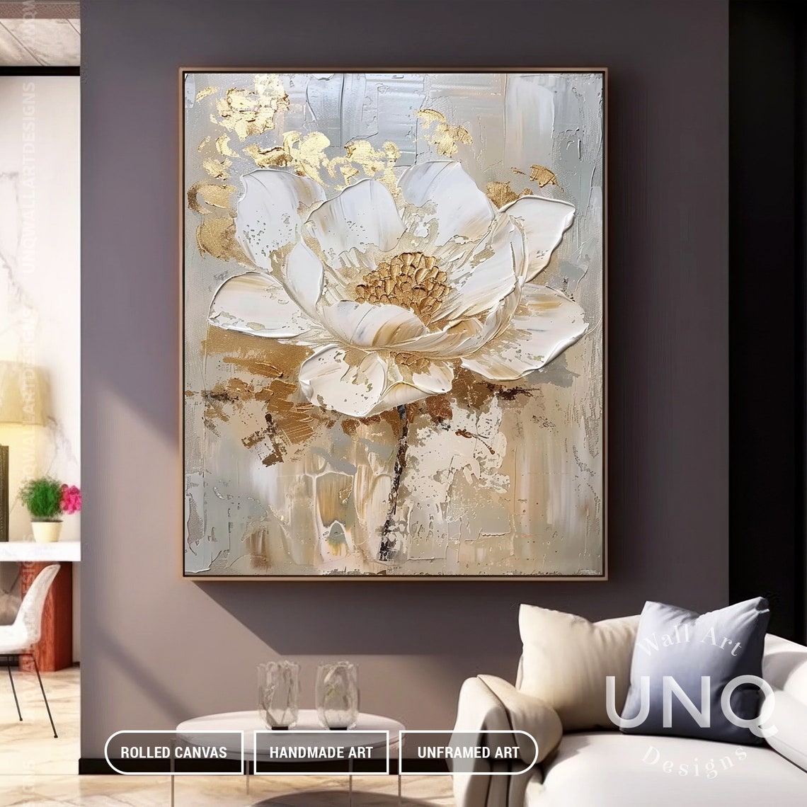 White Bloom And Gold Leaf 3D Textured Floral Modern Art Poster - Image 6