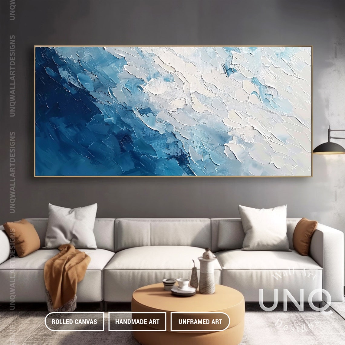 Navy To White Diagonal Waves Heavy Impasto Modern Abstract Poster - Image 5