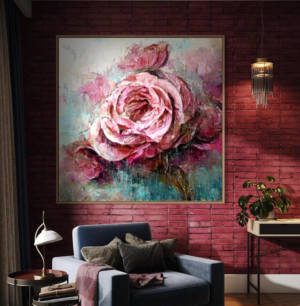 Pink Roses On Teal Grey Textured Floral Oil Painting Art Poster - Image 6