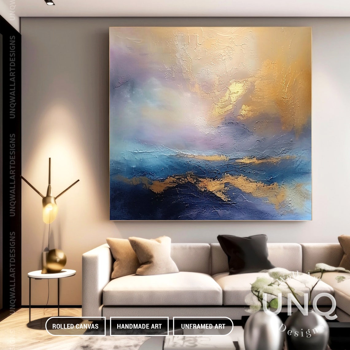 Soft Blue And Gold Ocean Clouds Dreamy Modern Abstract Art Poster - Image 2