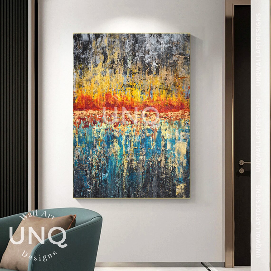Blue And Navy With Orange Horizon Line On Blue Yellow Abstract Painting Navy Blue Landscape Wall Art Modern Oil Painting - Image 5