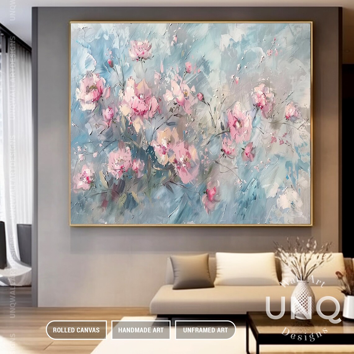 Pink Blossoms On Blue Grey Impressionist Floral Painting Art Poster - Image 2
