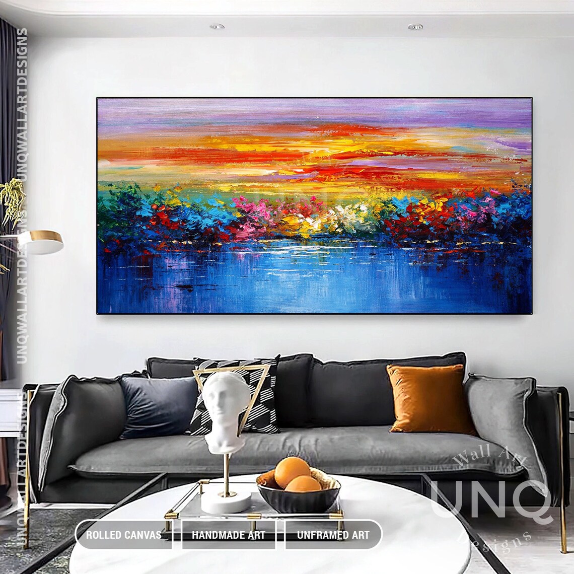 Colorful Lakeside Sunset Flowers Landscape Impasto Painting Art Poster - Image 4