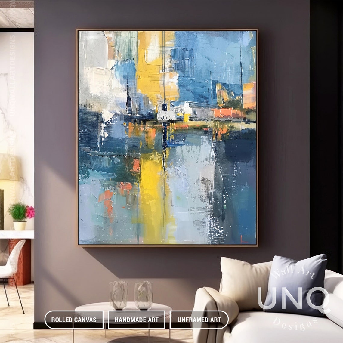 Blue And Yellow Abstract Cityscape Reflections Modern Urban Poster - Image 2