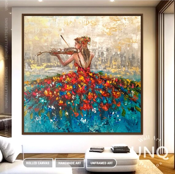 Woman Playing Violin In Floral Dress Modern Music Painting Poster