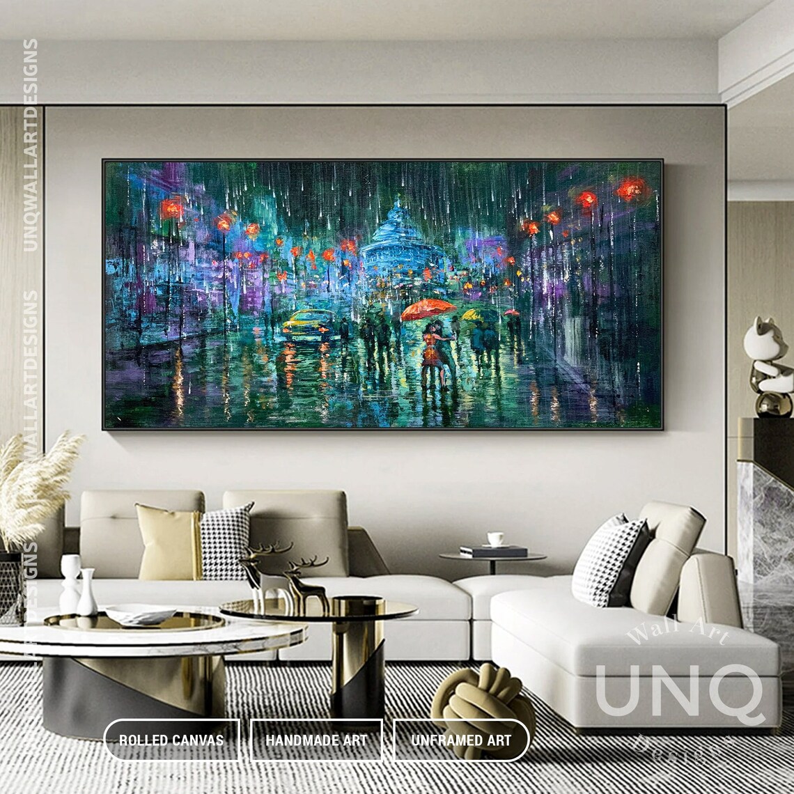 Kissing Couple Cityscape Painting, Modern Living Room Art - Image 2