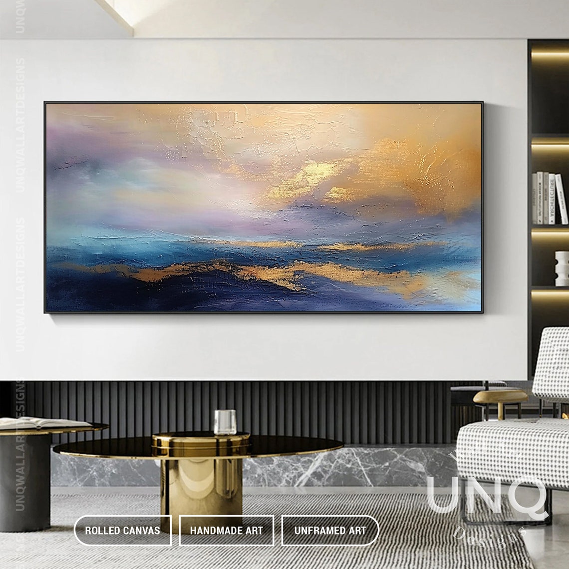 Soft Blue And Gold Ocean Clouds Dreamy Modern Abstract Art Poster - Image 3