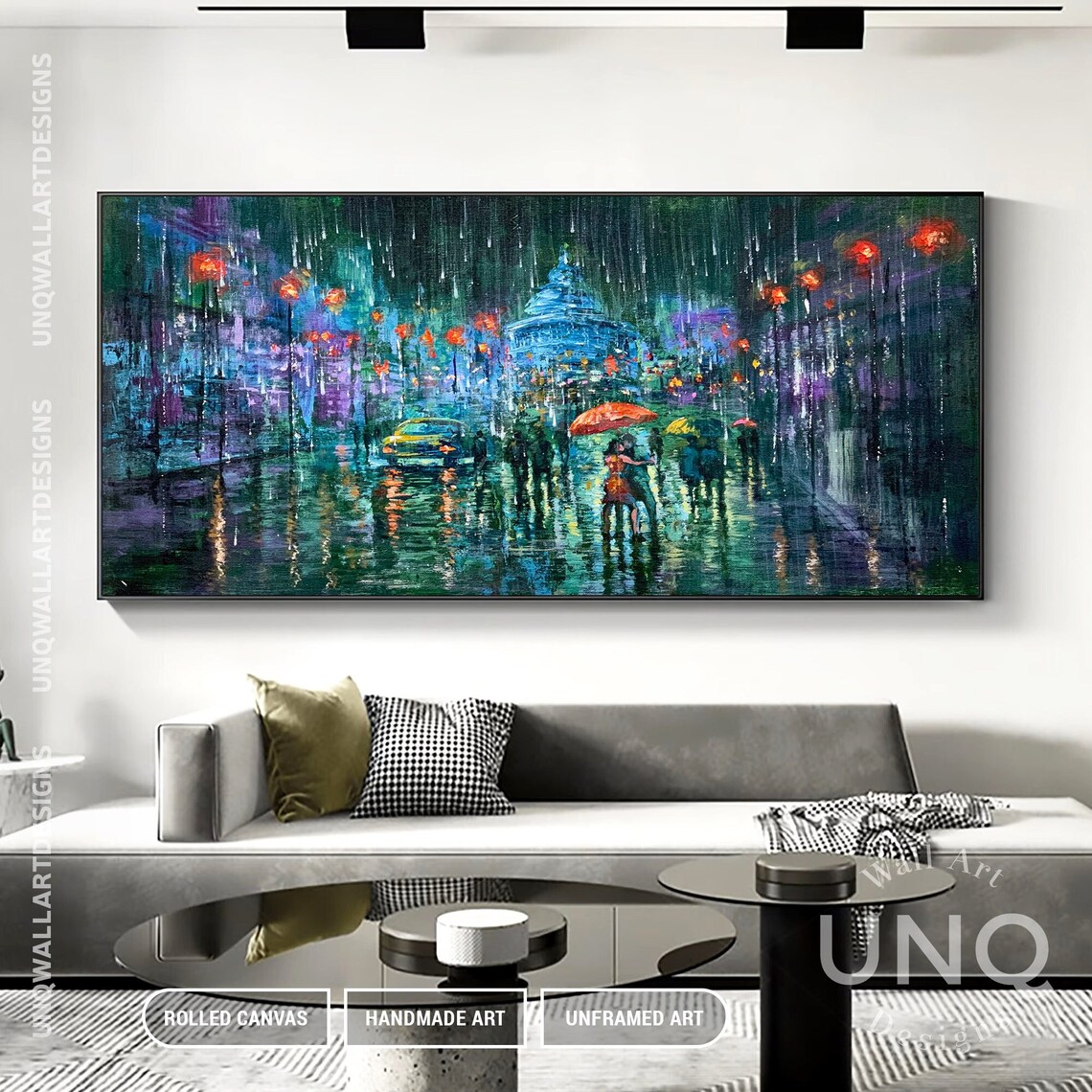 Kissing Couple Cityscape Painting, Modern Living Room Art - Image 3