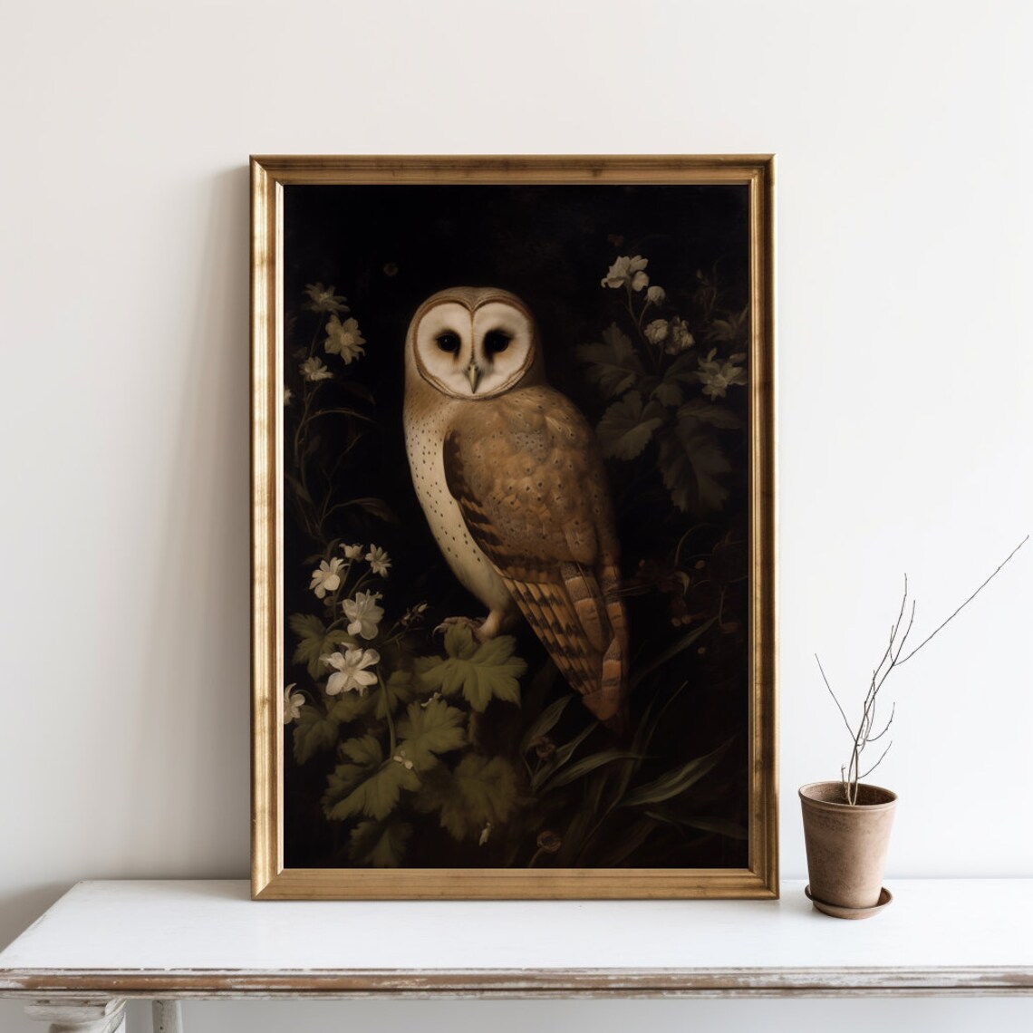 Barn Owl Night Flowers Antique Style Bird Painting Moody Art Poster