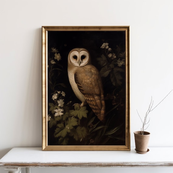 Barn Owl Night Flowers Antique Style Bird Painting Moody Art Poster