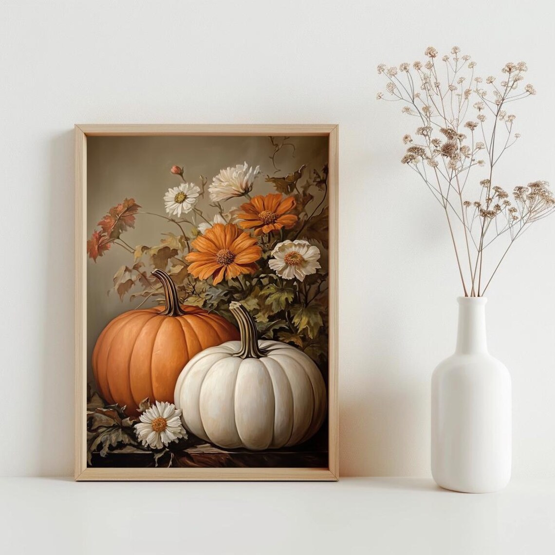 Autumn Pumpkin Still Life Painting Vintage Fall Floral Wall Art