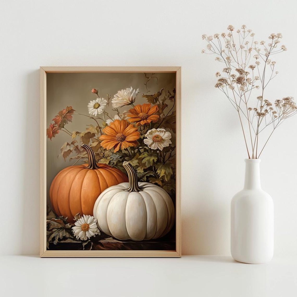 Pumpkin Still Life Painting Rustic Fall Wall Art Vintage Autumn Print Thanksgiving Decor Halloween Poster Sg218