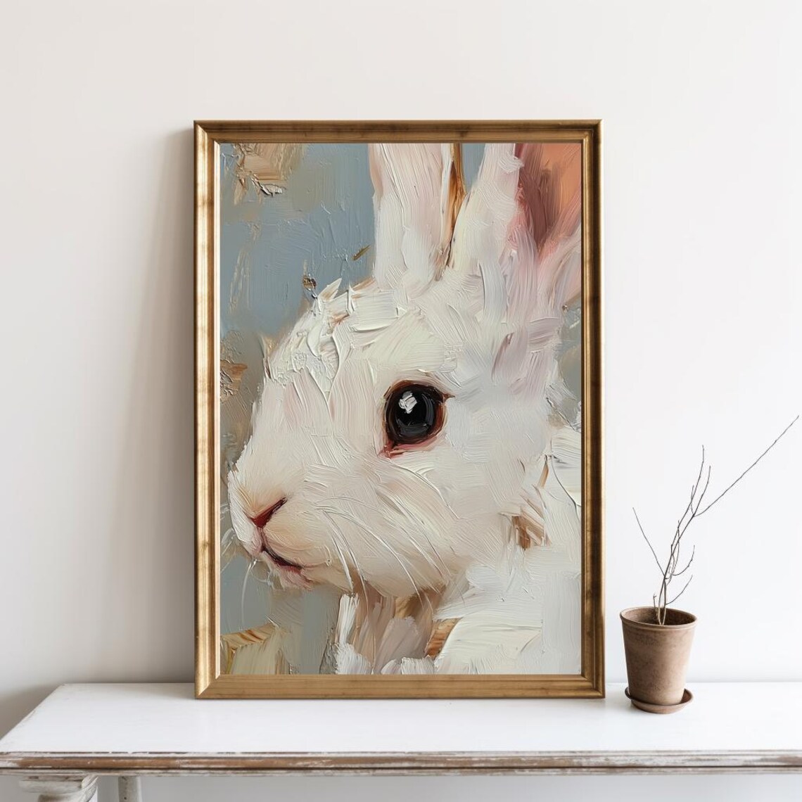 Pastel White Bunny Close Up Vintage Oil Painting Blush Art Poster