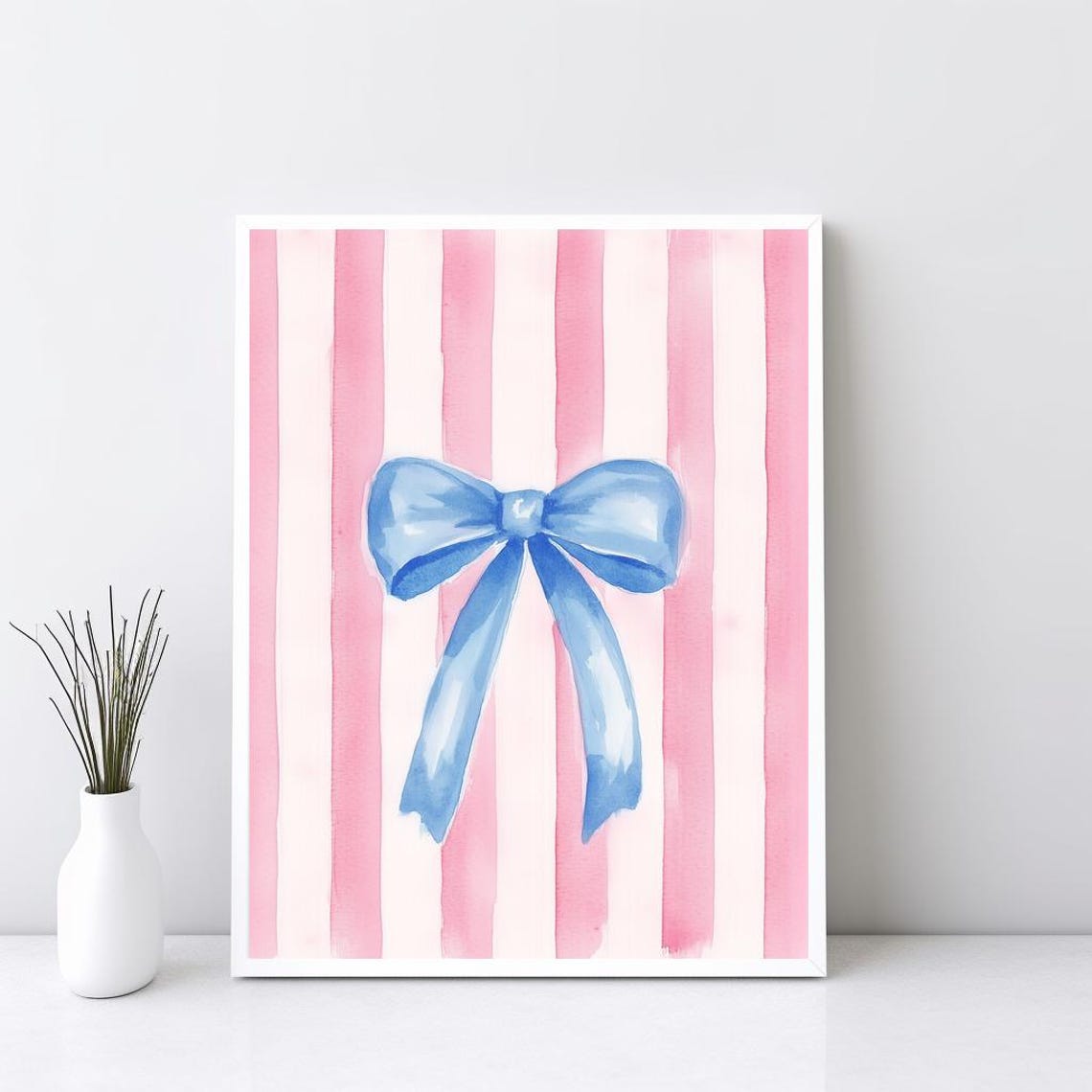 Blue Bow Watercolor Preppy Pink Stripes Trendy Room Decor Poster