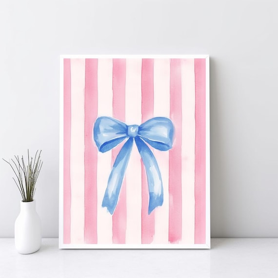 Blue Bow Wall Art Trendy Apartment Poster Cute Nursery Coquette Room Decor Preppy Coastal Granddaughter Sg294