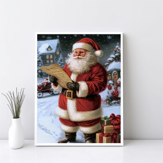 Santa Checking His List Vintage Textured Christmas Night Art Poster