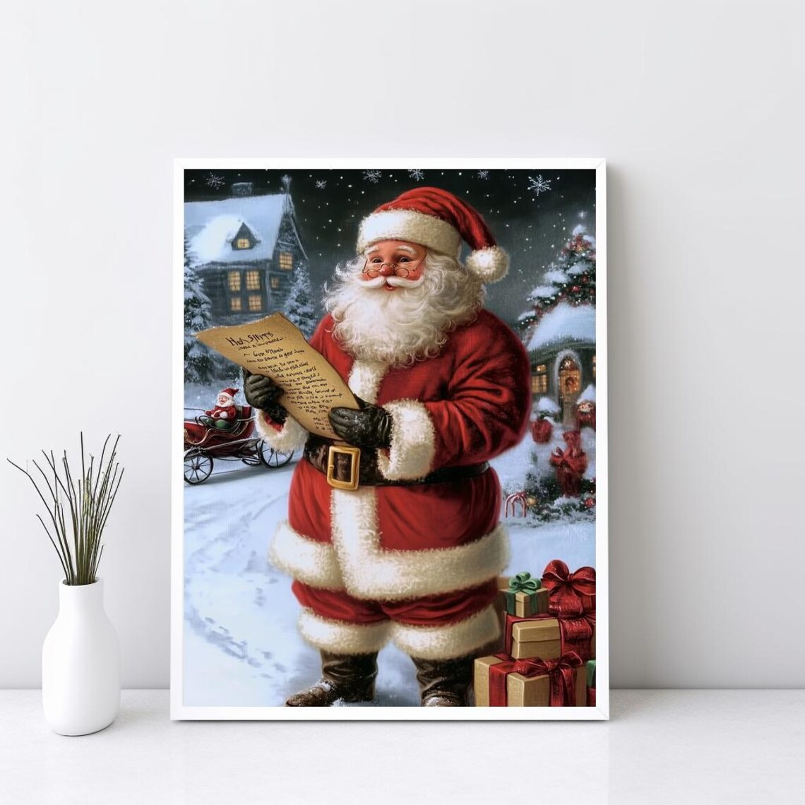 Santa Checking His List Vintage Textured Christmas Night Art Poster