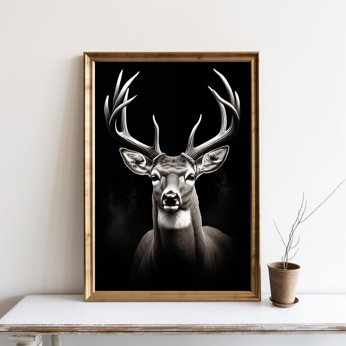 Black White Stag Deer Portrait Majestic Antlers Dark Forest Art Poster