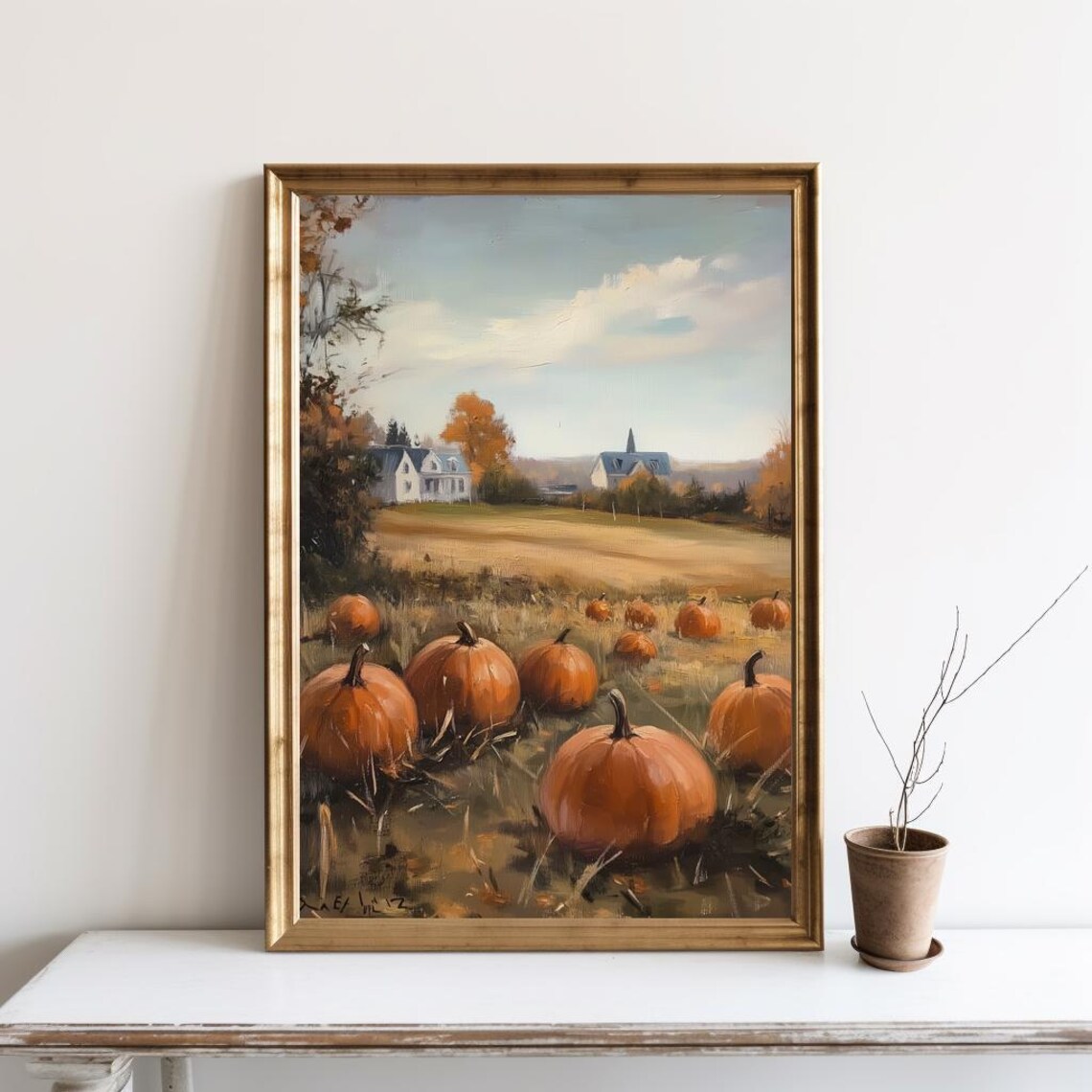 Pumpkins Farmhouse Country Painting Autumn Poster Print