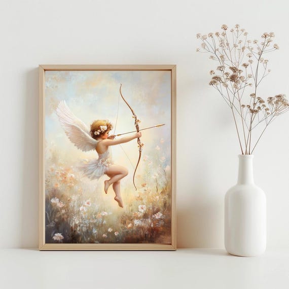 Valentines Day Cupid Painting Victorian Wall Art Vintage Angel Poster Nursery Decor Neutral Tone Colorful Canvas Sg356