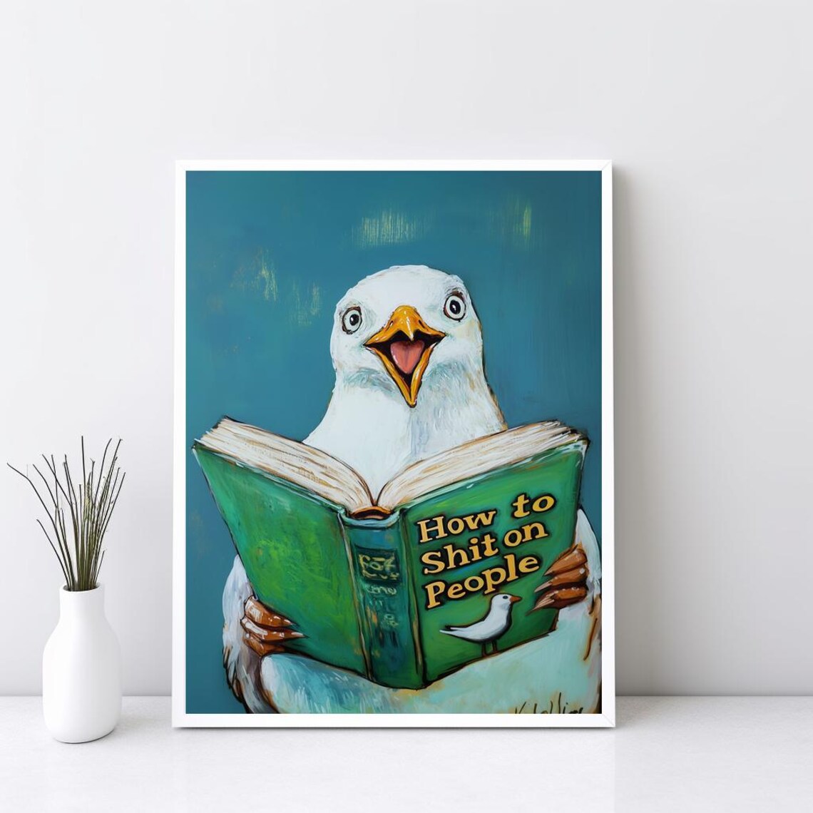 Funny Seagull Reading Book Humor Bathroom Bird Animal Art Poster