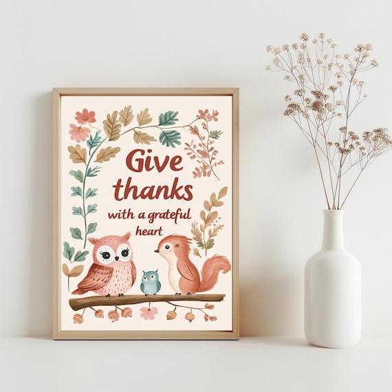 Give Thanks With A Grateful Heart Thanksgiving Decoration Cute Animals Autumn Vintage Art Own Bird Squirrel Sg216
