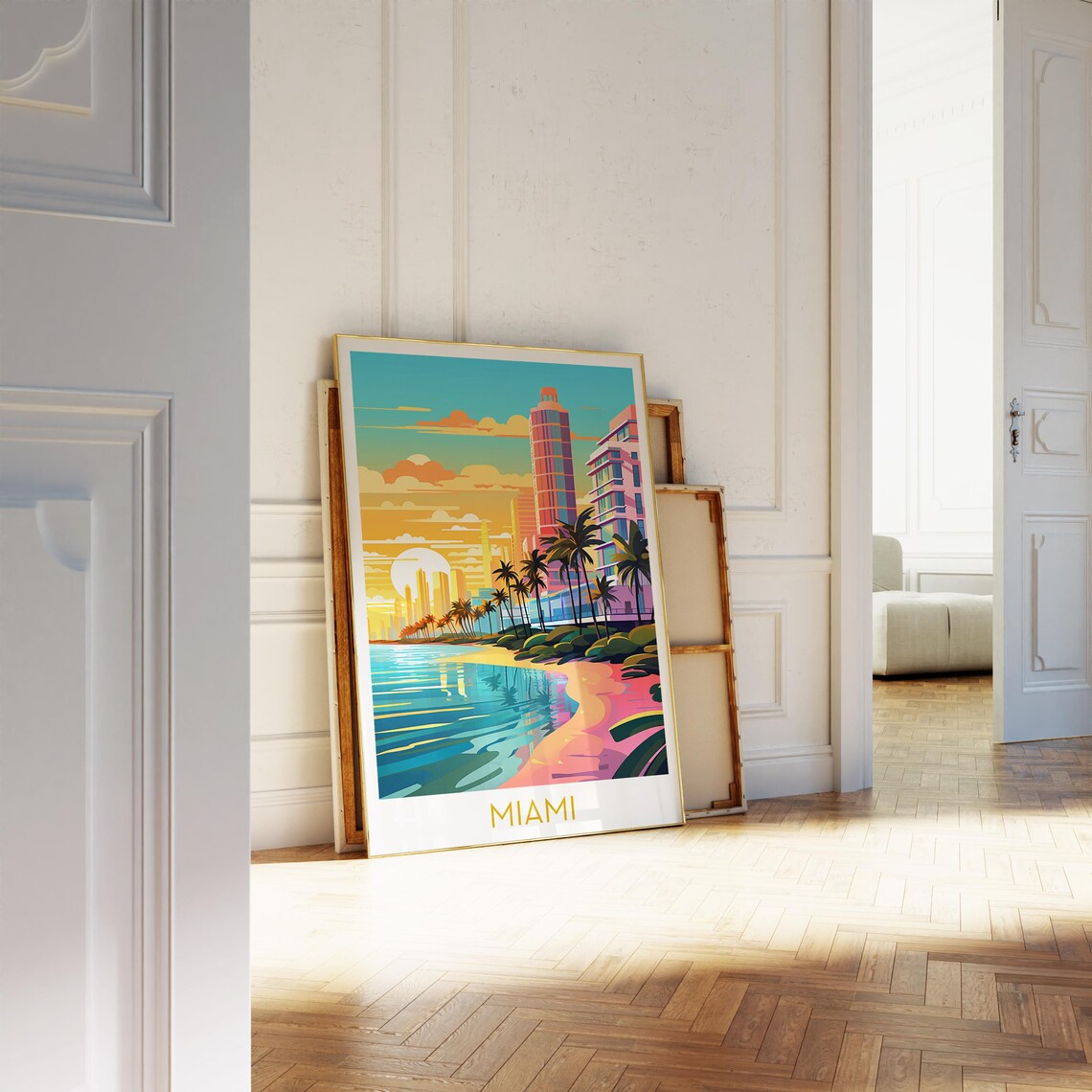 Miami Beach Sunset Art Deco Skyline Palm Trees Florida Travel Poster - Image 2