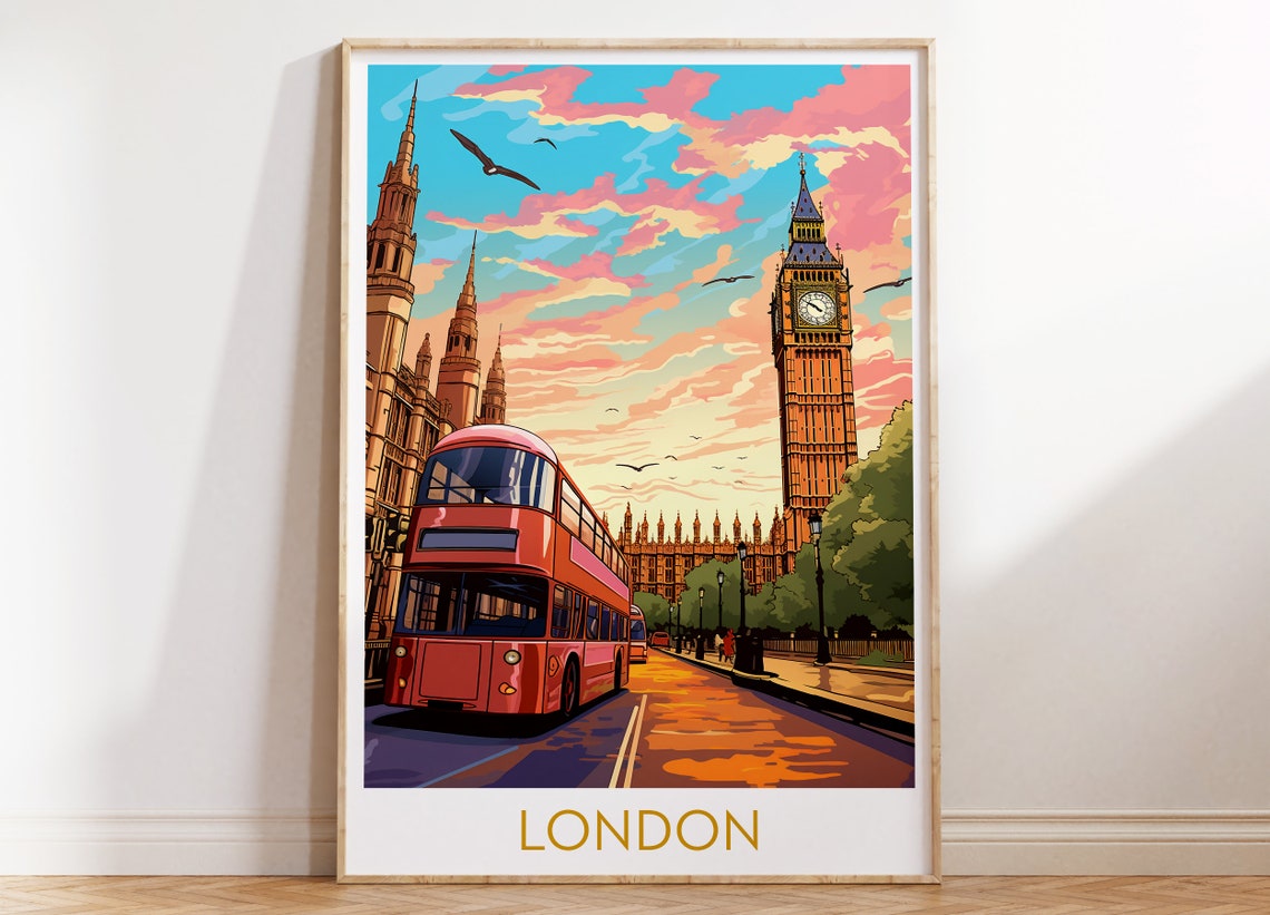 London England Travel Poster with Big Ben and Red Double Decker Bus